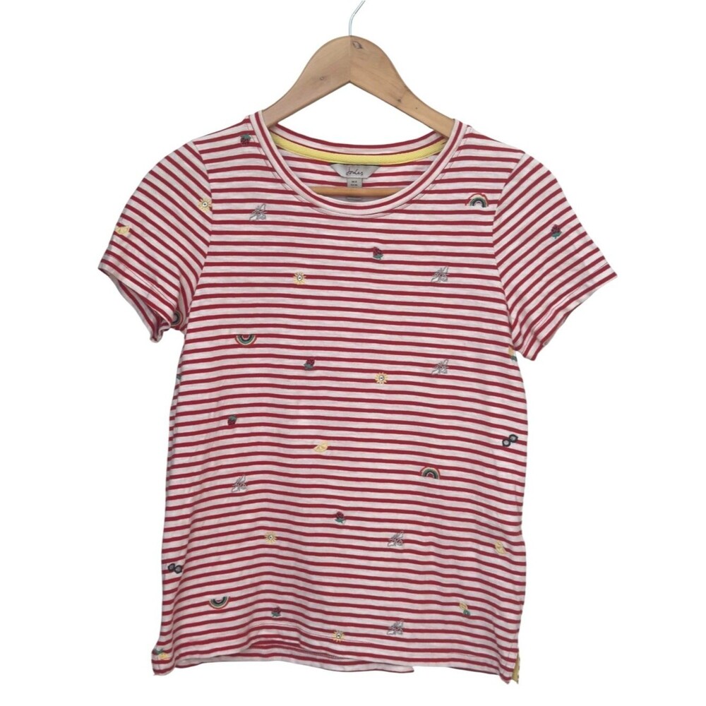 Joules Carley Red White Striped Colorful Embroidered Short Sleeve Tee. US 4.